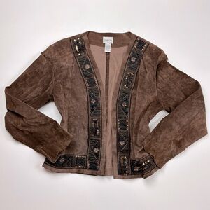 Chicos Leather Boho Jacket with Beaded Trim